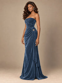 Burgundy Velvet Strapless Ruched Prom Dress with Jeweled Side Drape