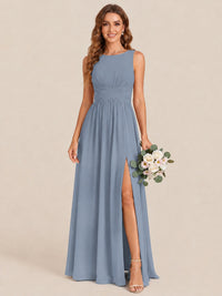 A-line Sleeveless Rucehd Chiffon Bridesmaid Dress with High Slit