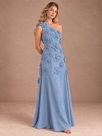 Sage Green One Shoulder Satin Formal Maxi Dress with 3D Floral