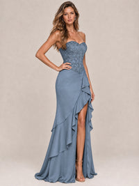 Strapless Lace Appliques Corset Satin Prom Dress Ruffle Slit Evening Gown
