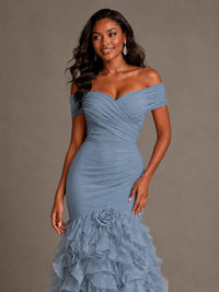 Pink Off-the-Shoulder Mermaid Prom Dress with Ruffles 3D Flowers