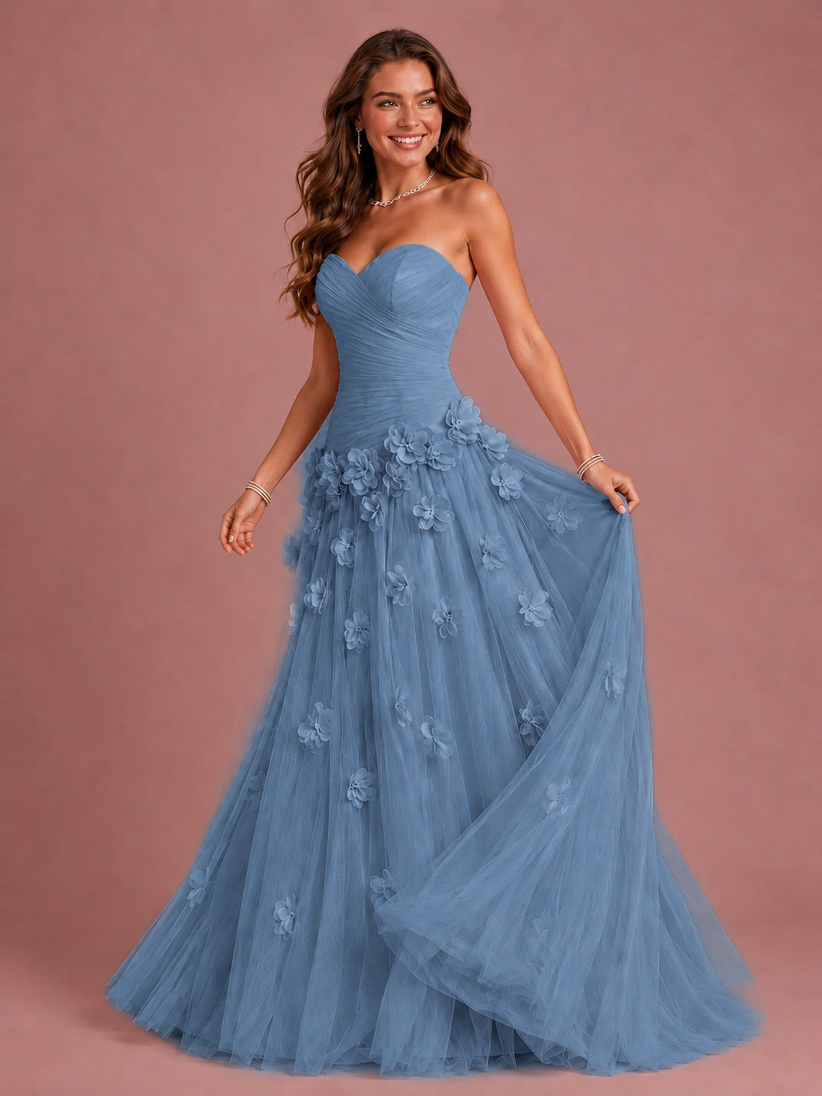 Blush Pink Strapless Sweetheart 3D Floral Tulle Ball Gown Prom Dres
