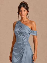 Satin One Shoulder Prom Dress Ruched Long Formal Evening Gown