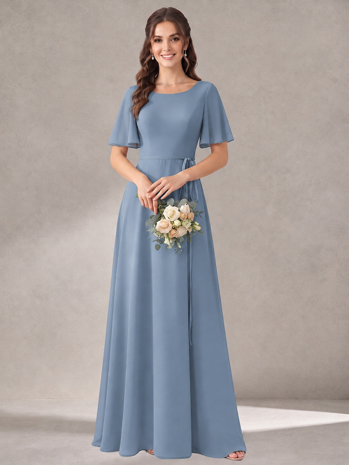 Scoop Neck A-line Chiffon Bridesmaid Dress with Flutter Sleeve & Belt