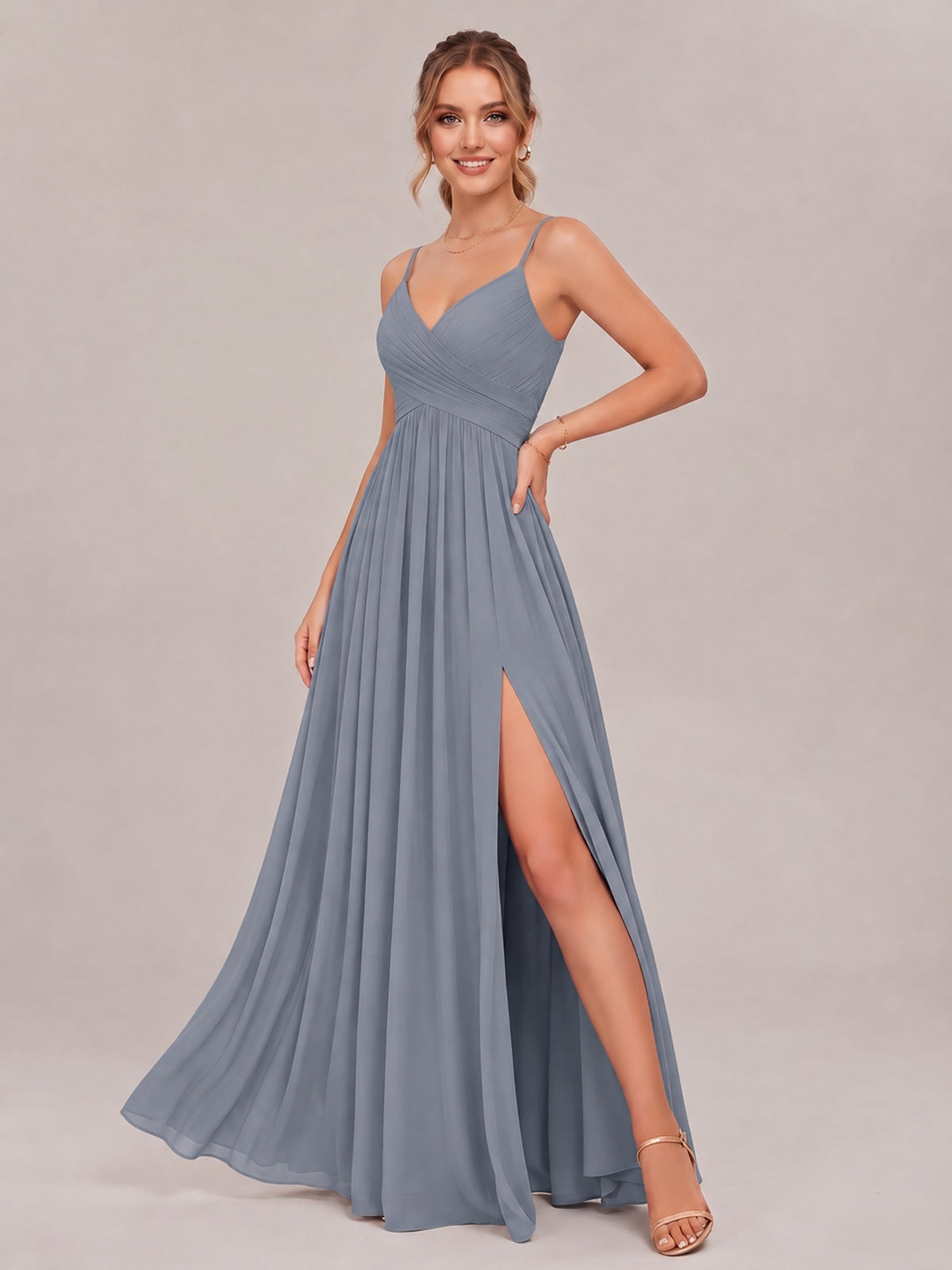 V-Neck Pleated Chiffon Long Bridesmaid Dress with Slit