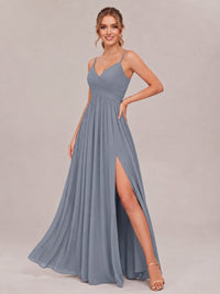 V-Neck Pleated Chiffon Long Bridesmaid Dress with Slit