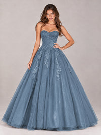 Strapless Sweetheart Tulle Ball Gown Prom Dress with Lace Appliques