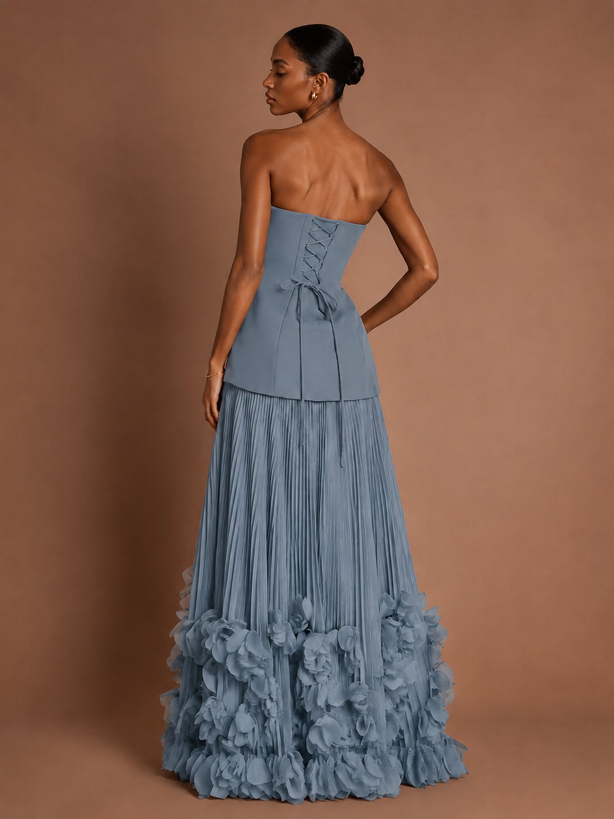 Strapless Pleated Floral Satin Formal Dress with Side Slit