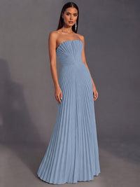 Strapless A-line Long Pleated Satin Prom Dress