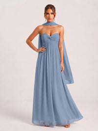 Strapless Ruched Chiffon Long Prom Dress with Scarf