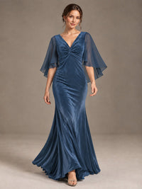 Navy Blue Velvet V Neck Mermaid Formal Dress with Flutter Cape Sleeves