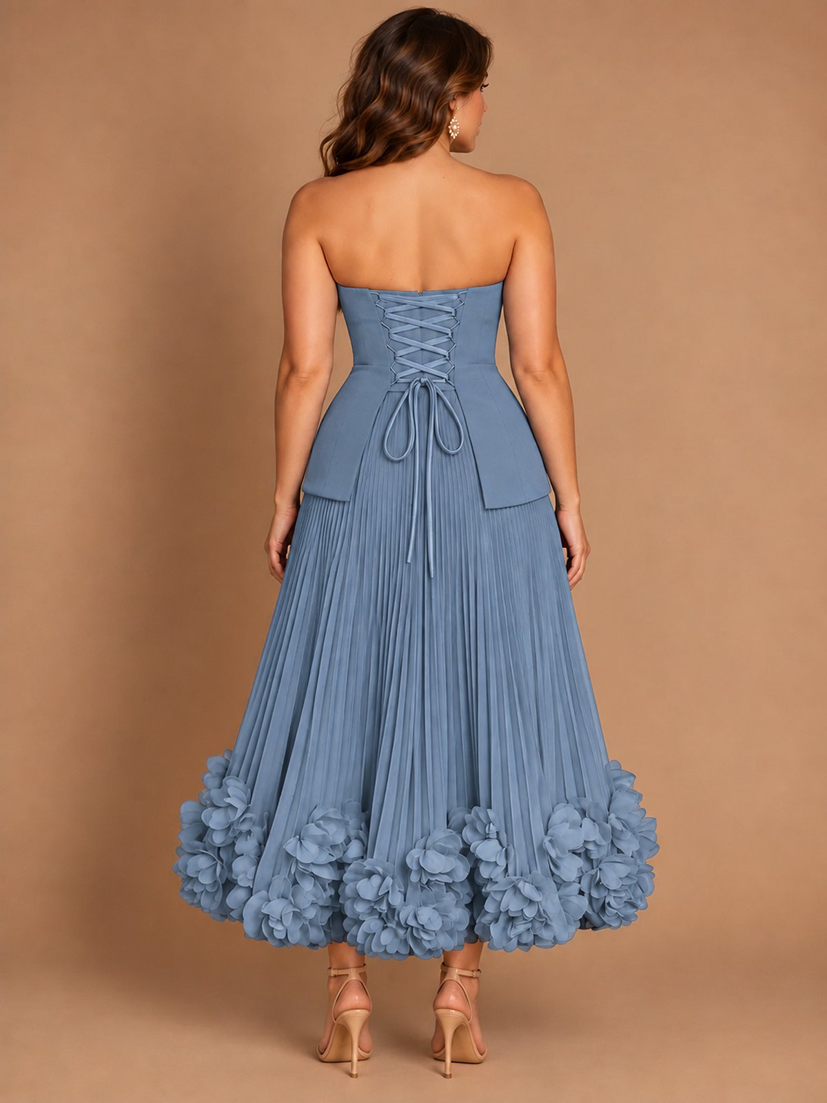 Navy Blue Strapless Pleated A-Line Midi Dress with 3D Floral Applique