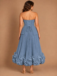 Navy Blue Strapless Pleated A-Line Midi Dress with 3D Floral Applique