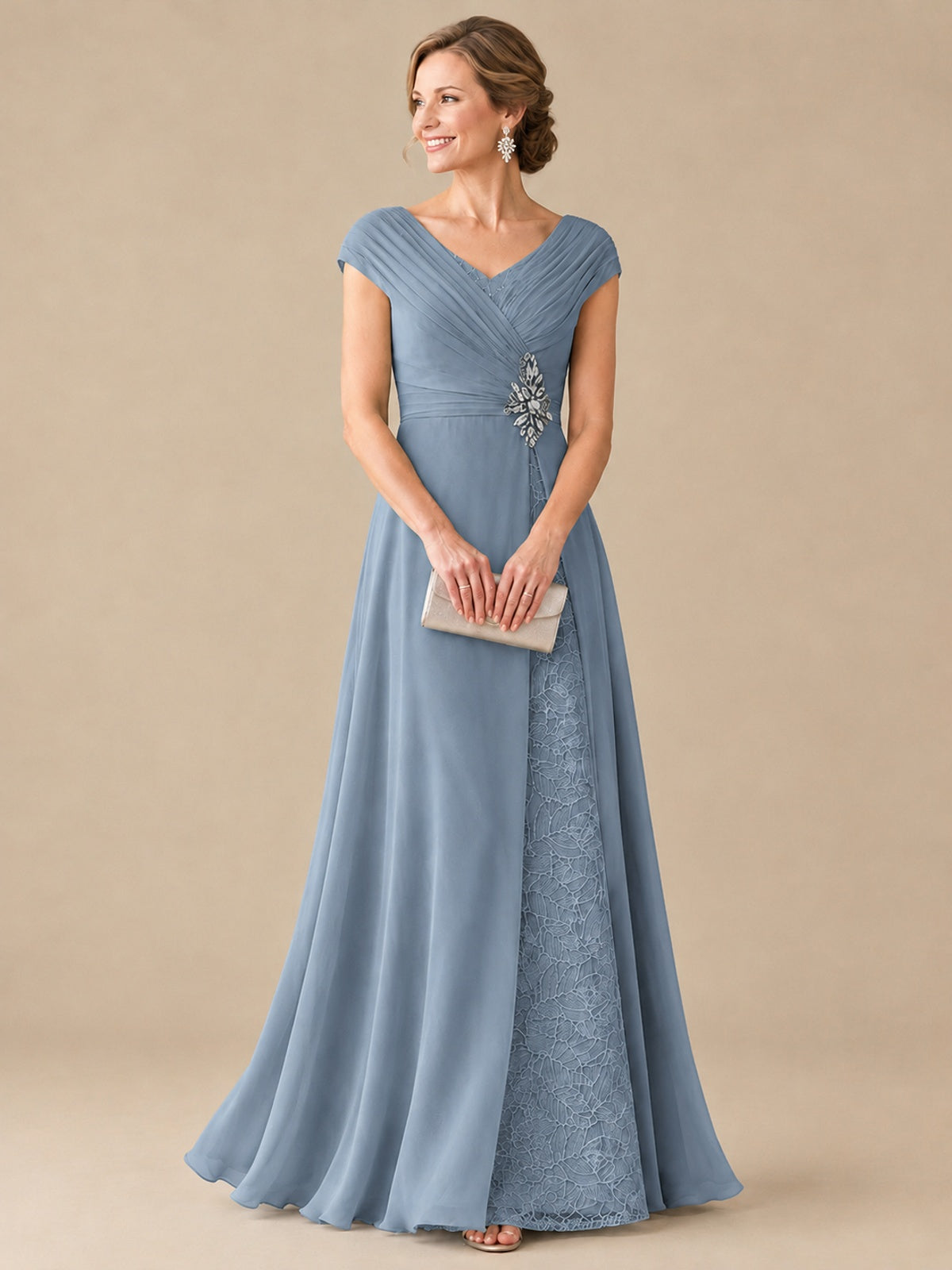 Pleated Chiffon Lace Mother of The Bride Dresses with Beading Cap Sleeves