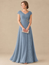 Pleated Chiffon Lace Mother of The Bride Dresses with Beading Cap Sleeves