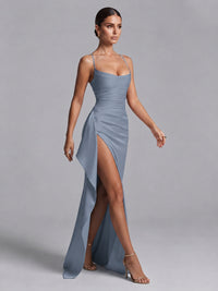 Square Neck Satin Long Prom Dress with Ruffles
