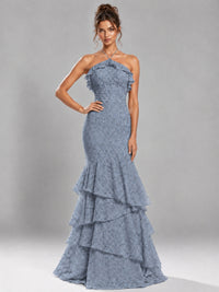 Halter Tiered Mermaid Prom Dress with Sparkly Lace