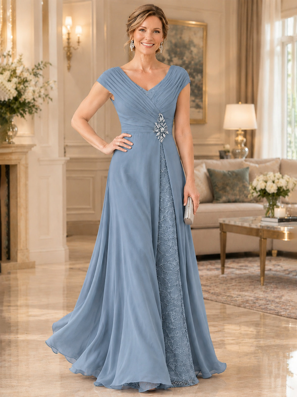 Pleated Chiffon Lace Mother of The Bride Dresses with Beading Cap Sleeves
