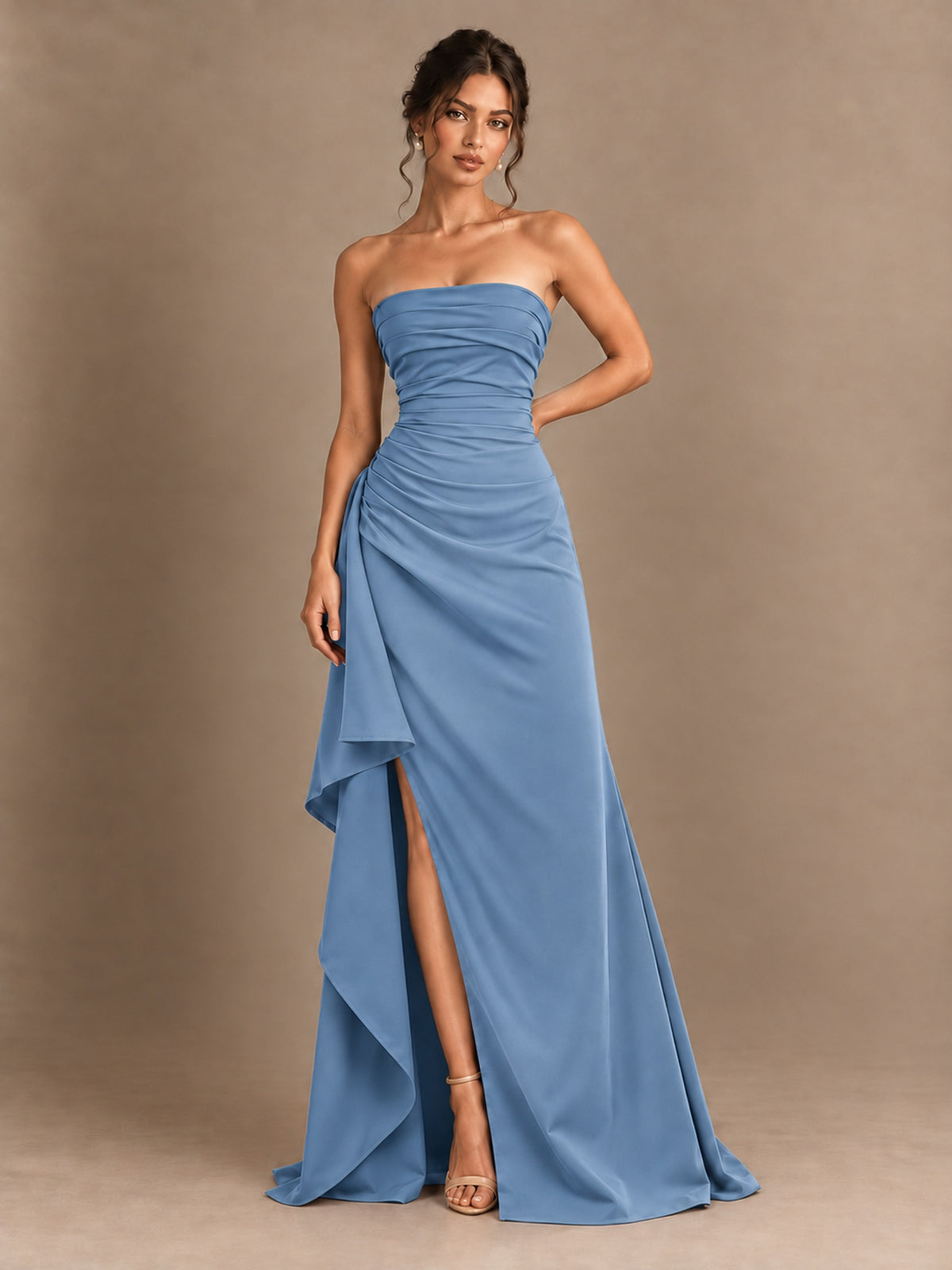 Black and White Strapless Ruched Prom Dress with High Slit & Side Drape