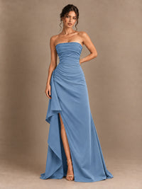 Black and White Strapless Ruched Prom Dress with High Slit & Side Drape