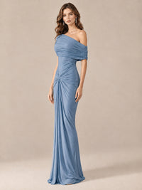 Elegant Draped Off Shoulder Ruched Mermaid Chiffon Formal Evening Gown