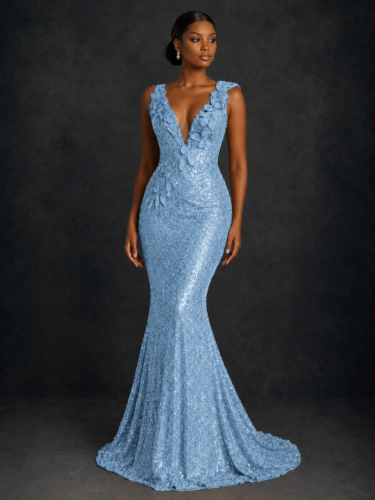 Gold Sequin Floral Applique Mermaid Prom Dress