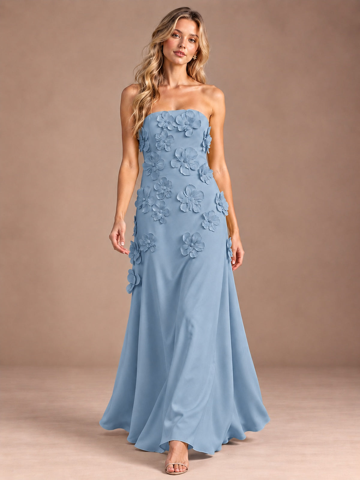 Yellow Strapless A-line Satin Maxi Dress with 3D Floral