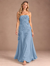 Yellow Strapless A-line Satin Maxi Dress with 3D Floral