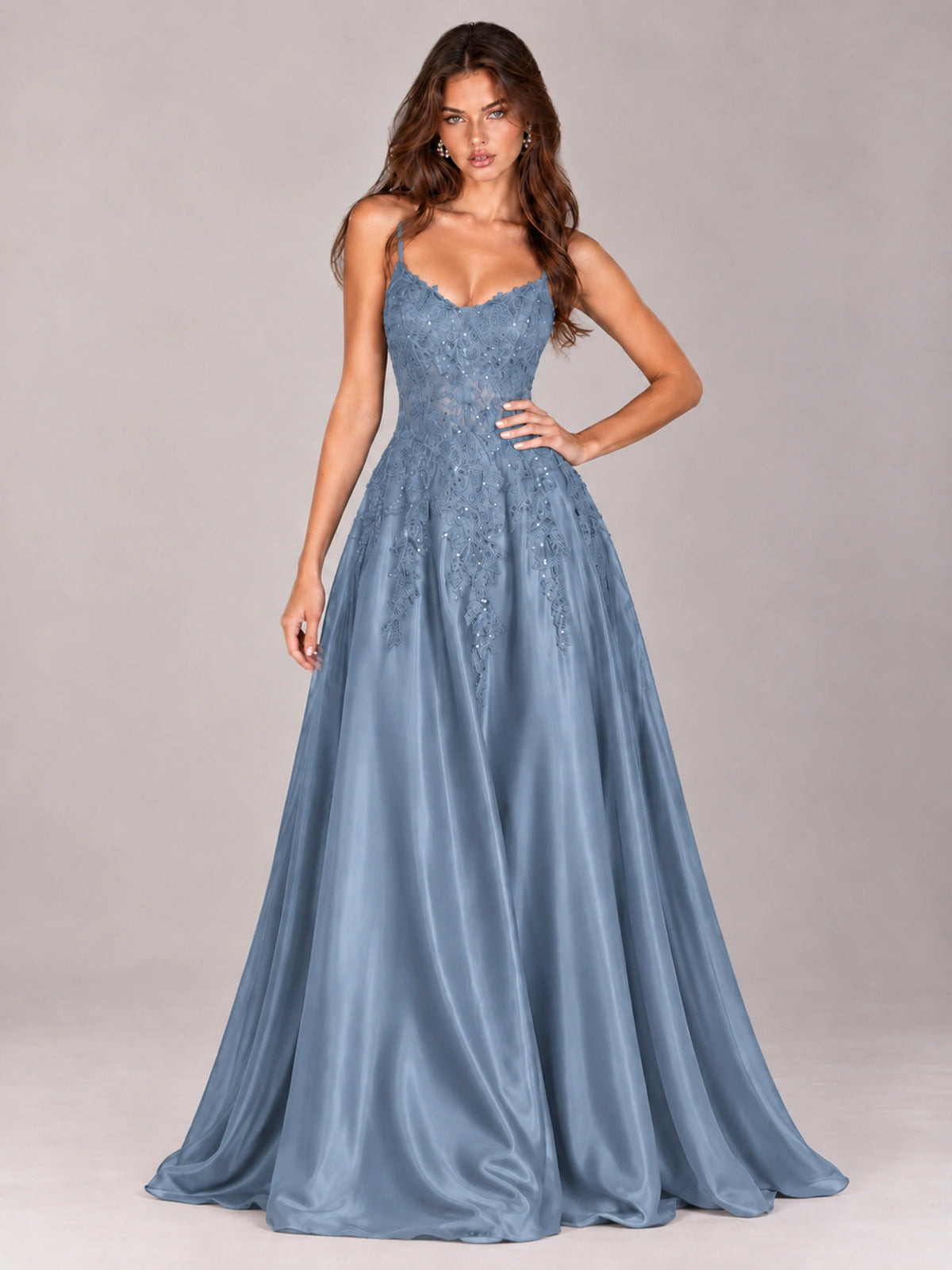 Lace Applique Satin A-Line Prom Dress with Sheer Bodice