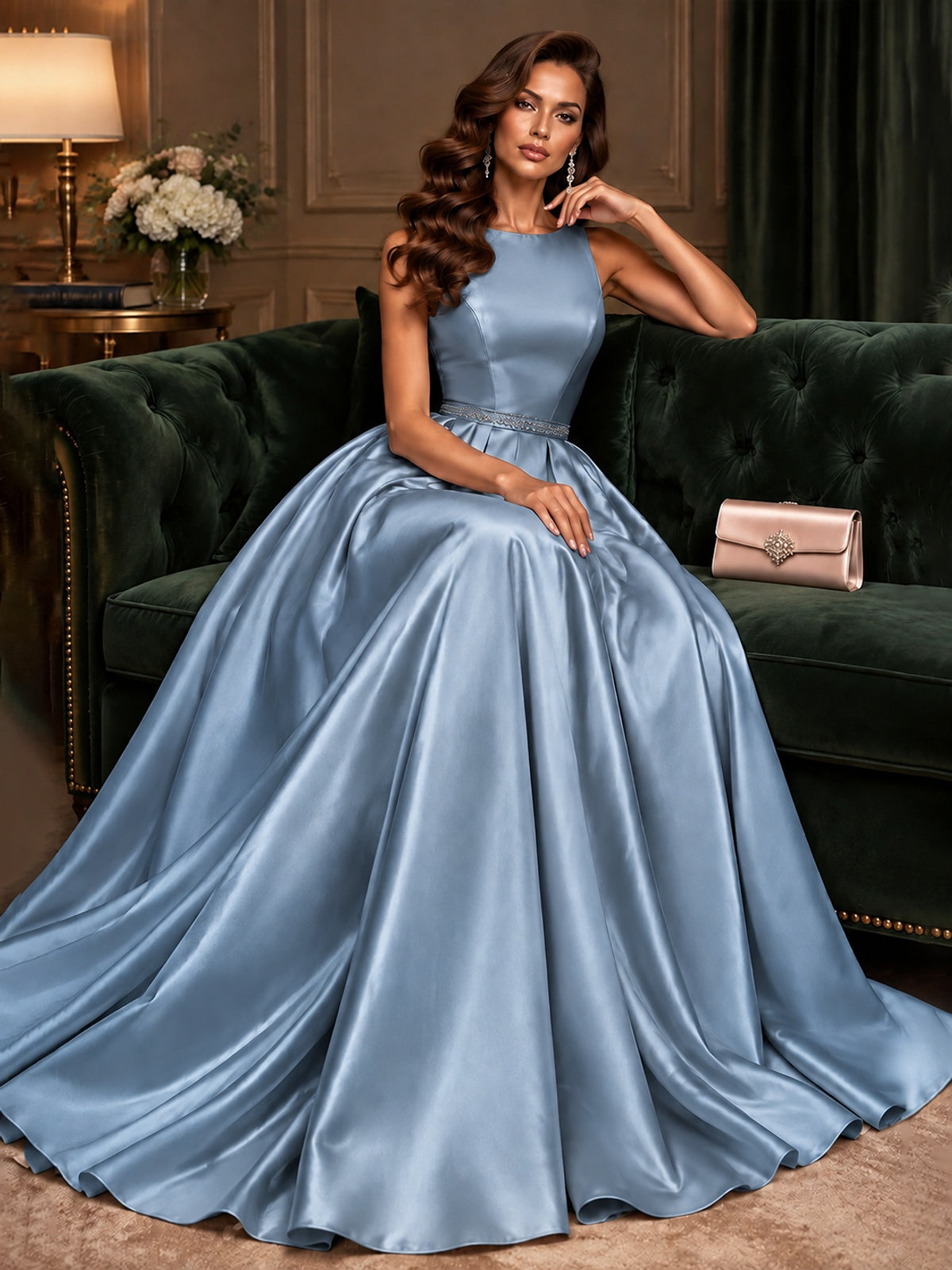 Satin A-Line Prom Dress Sleeveless Beaded Waist Formal Gown with Pockets