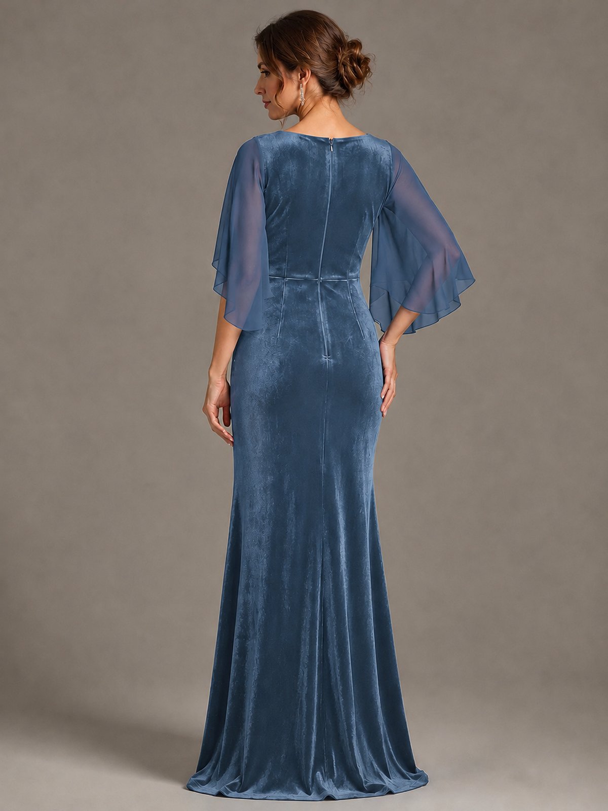 Navy Blue Velvet V Neck Mermaid Formal Dress with Flutter Cape Sleeves