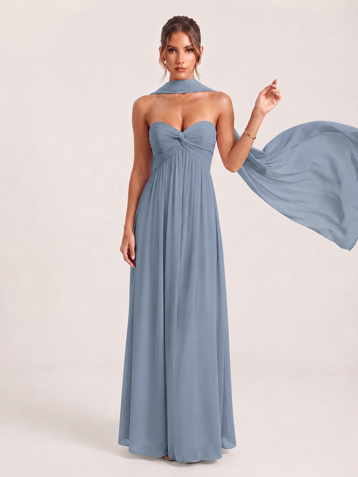 Strapless Ruched Chiffon Long Prom Dress with Scarf