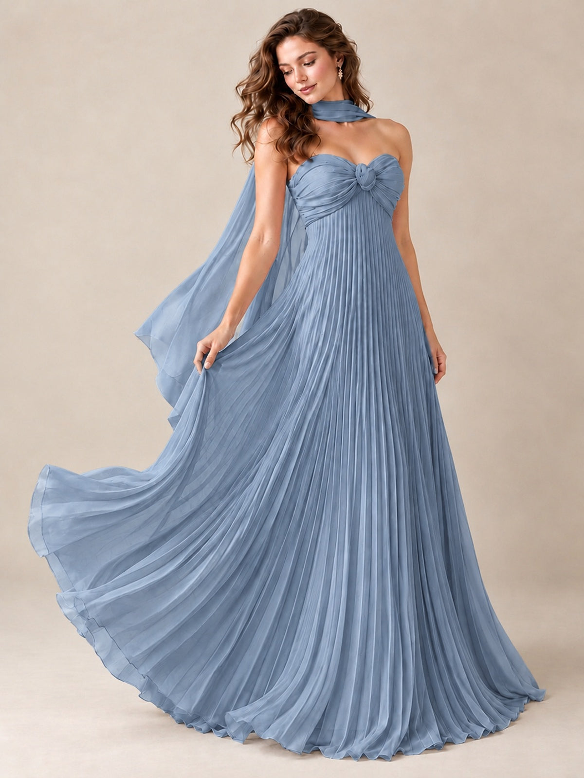 Sweetheart Neckline Pleated Prom Dress Strapless A-line Formal Dress with Flowy Scarf