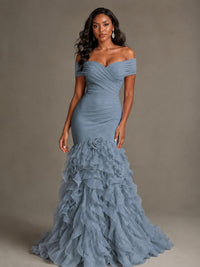 Pink Off-the-Shoulder Mermaid Prom Dress with Ruffles 3D Flowers
