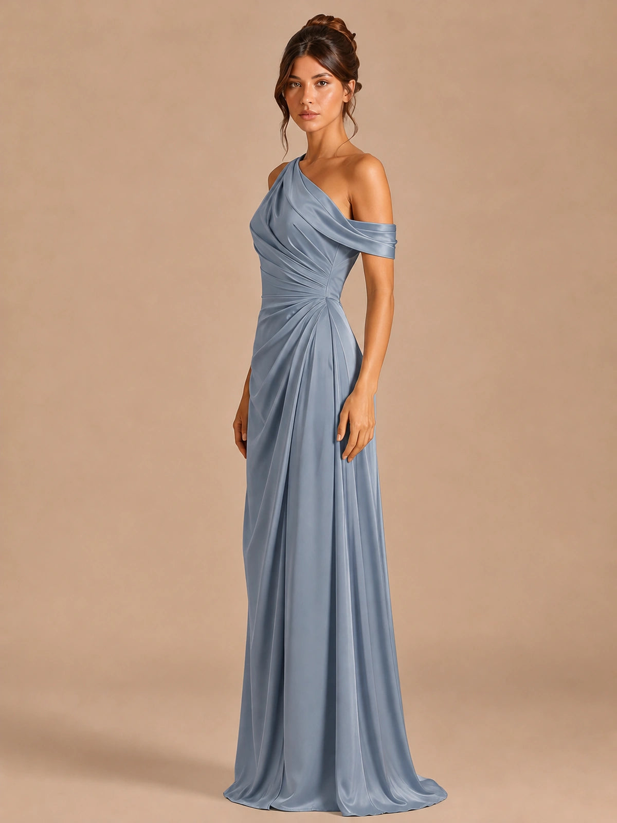 Satin One Shoulder Prom Dress Ruched Long Formal Evening Gown