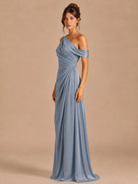 Satin One Shoulder Prom Dress Ruched Long Formal Evening Gown