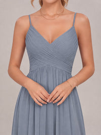 V-Neck Pleated Chiffon Long Bridesmaid Dress with Slit