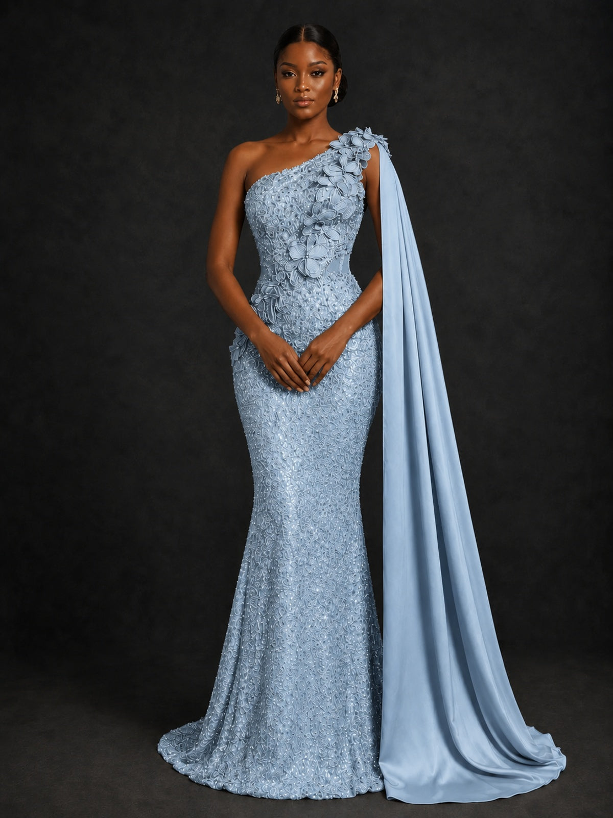 Gold Sequin One Shoulder Mermaid Prom Dress with Cape