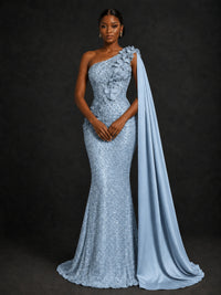Gold Sequin One Shoulder Mermaid Prom Dress with Cape