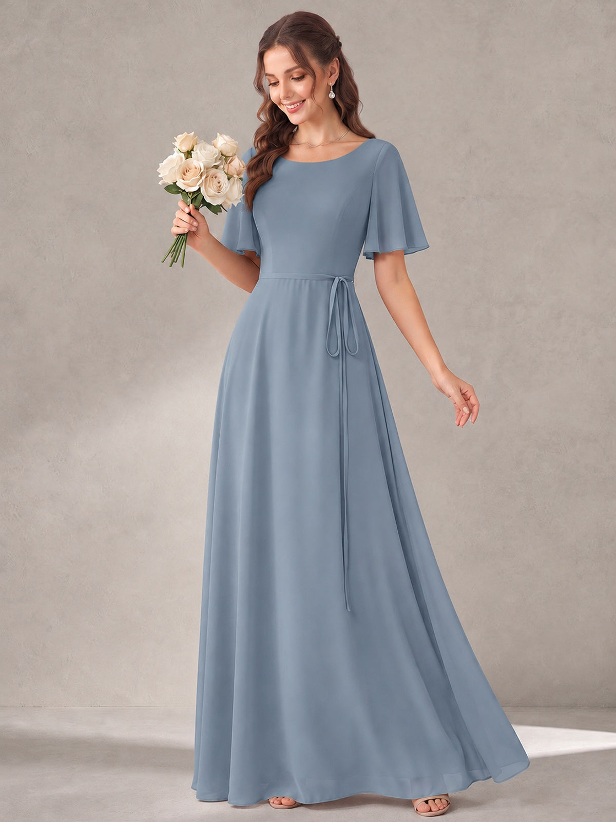 Scoop Neck A-line Chiffon Bridesmaid Dress with Flutter Sleeve & Belt