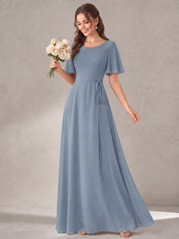 Scoop Neck A-line Chiffon Bridesmaid Dress with Flutter Sleeve & Belt