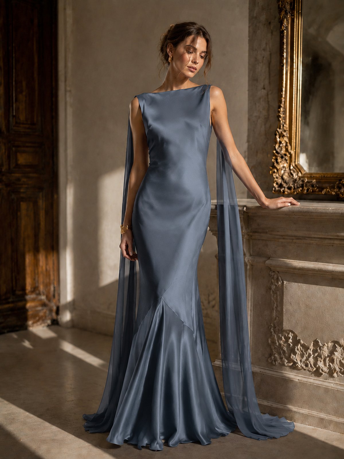 Burgundy Satin Mermaid Cape Maxi Dress