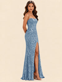Sequin Lace Appliques Mermaid Prom Dress Spaghetti Strap Formal Gowns with Slit