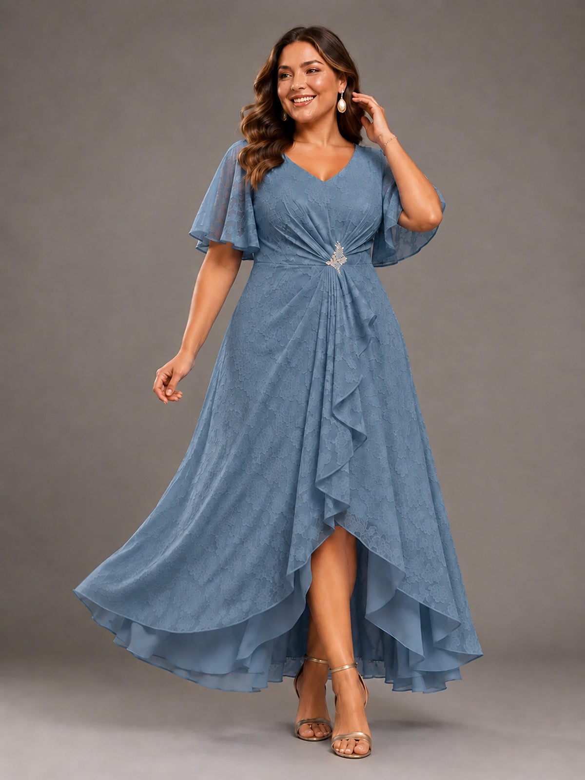 Jacquard Chiffon A-Line V-Neck High-Low Mother of the Bride Dress