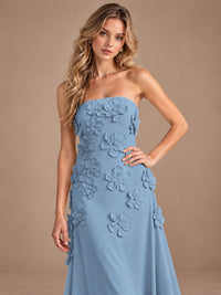 Yellow Strapless A-line Satin Maxi Dress with 3D Floral
