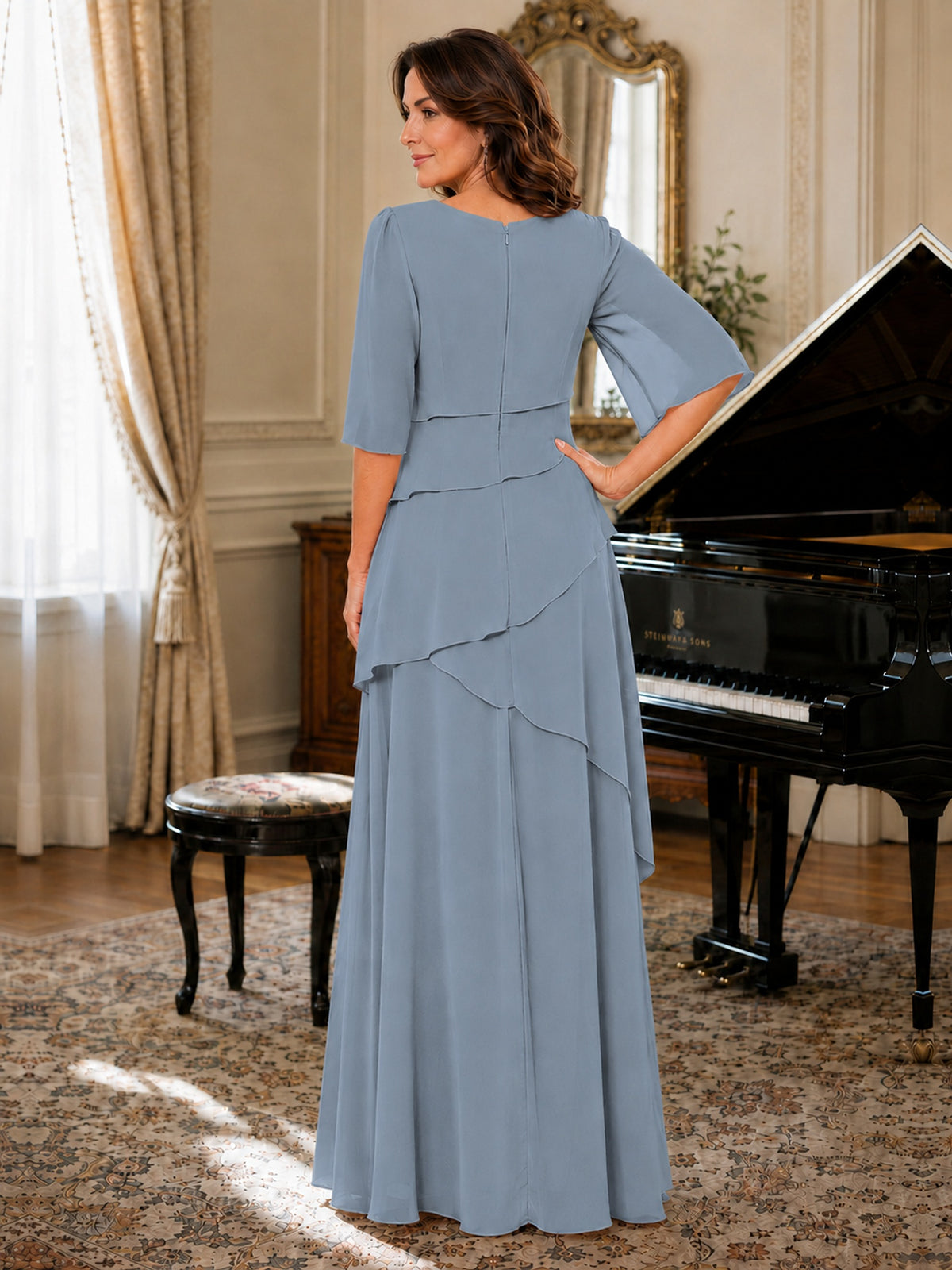 Asymmetric Draped Chiffon Mother of the Bride Dress with Flutter Sleeves