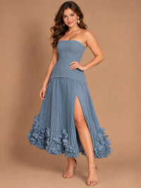 Navy Blue Strapless Pleated A-Line Midi Dress with 3D Floral Applique
