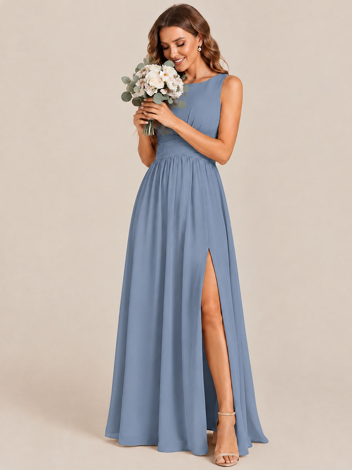 A-line Sleeveless Rucehd Chiffon Bridesmaid Dress with High Slit