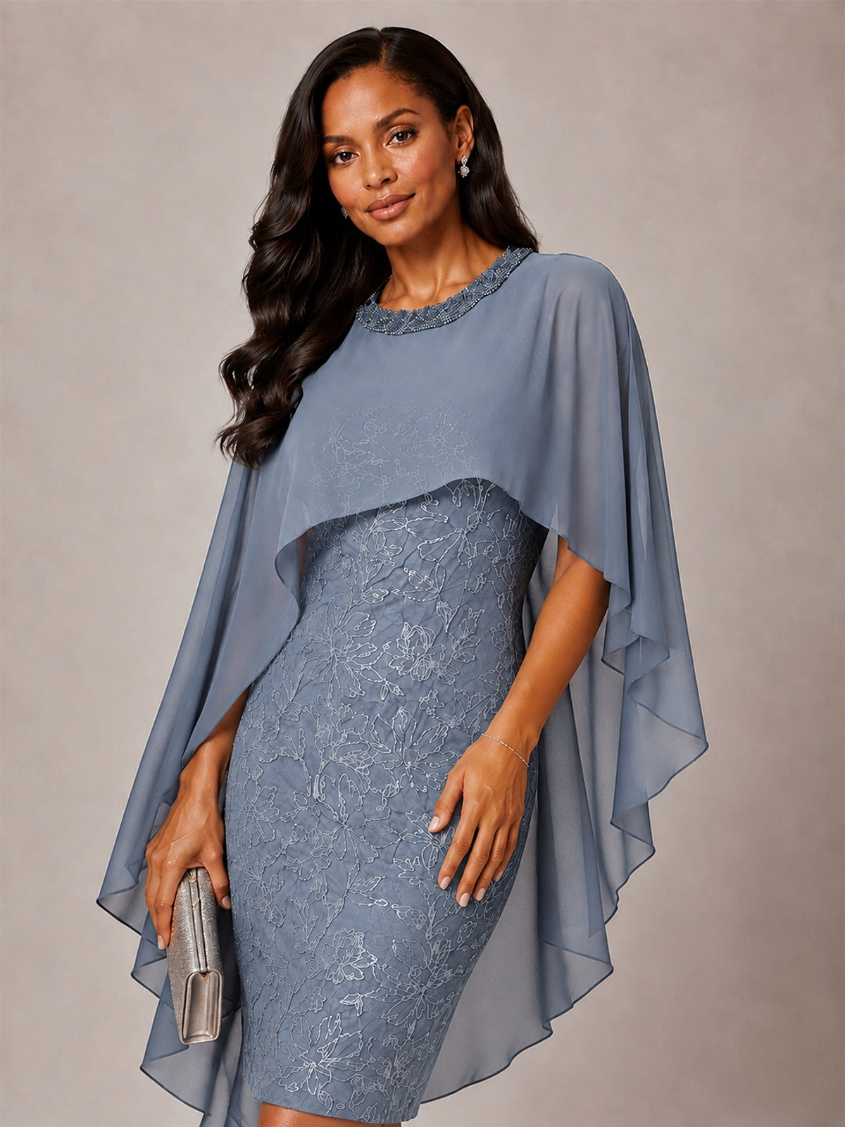 Floral Sheath Mother of the Bride Dress with Cape Overlay