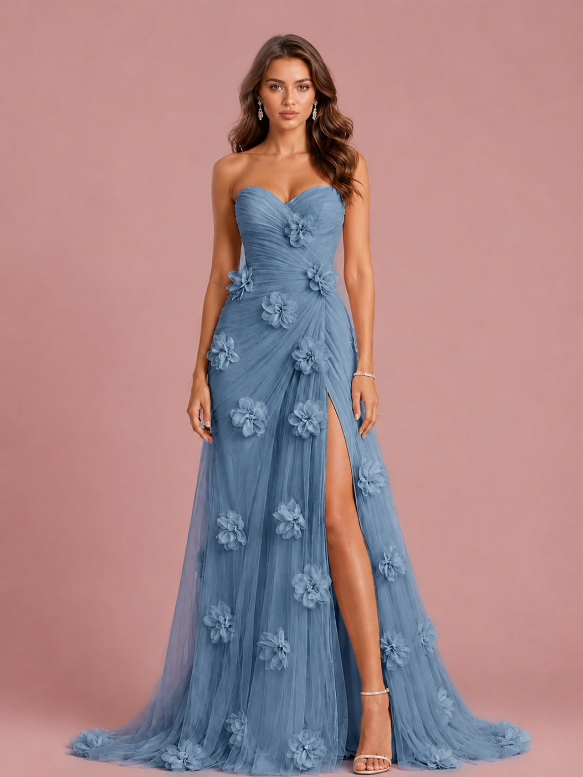 3D Floral Applique Strapless Tulle Prom Dress with High Slit